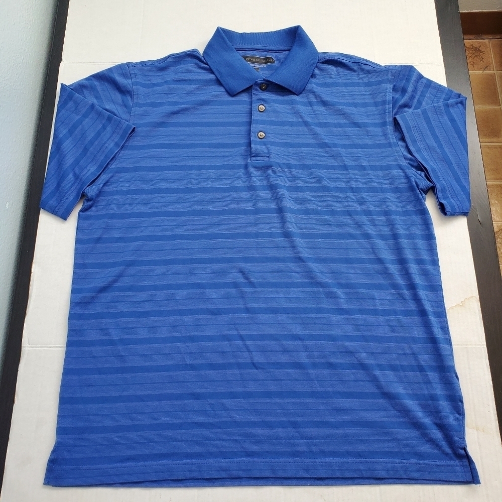 Pebble Beach Performance Mens Blue Striped Pima Cotton Blend Golf Polo Shirt L